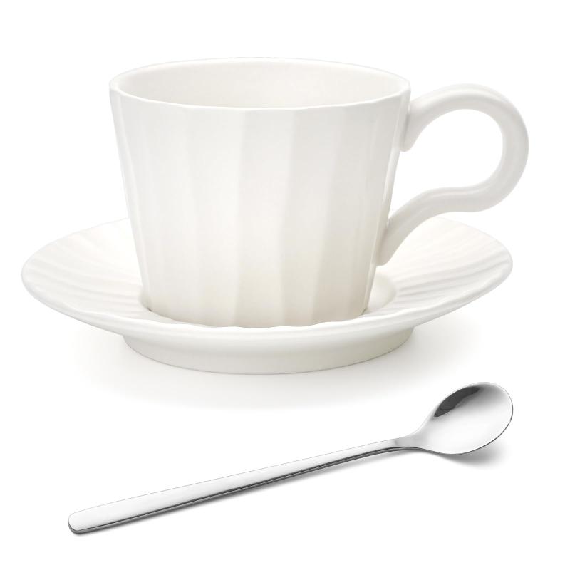 コーヒーカップ＆ソーサー 180ml/260ml 電子レンジ・食洗機・オーブン対応 スープカップ コーヒー紅茶兼用 ステンレス製スプーン付き ホワイト