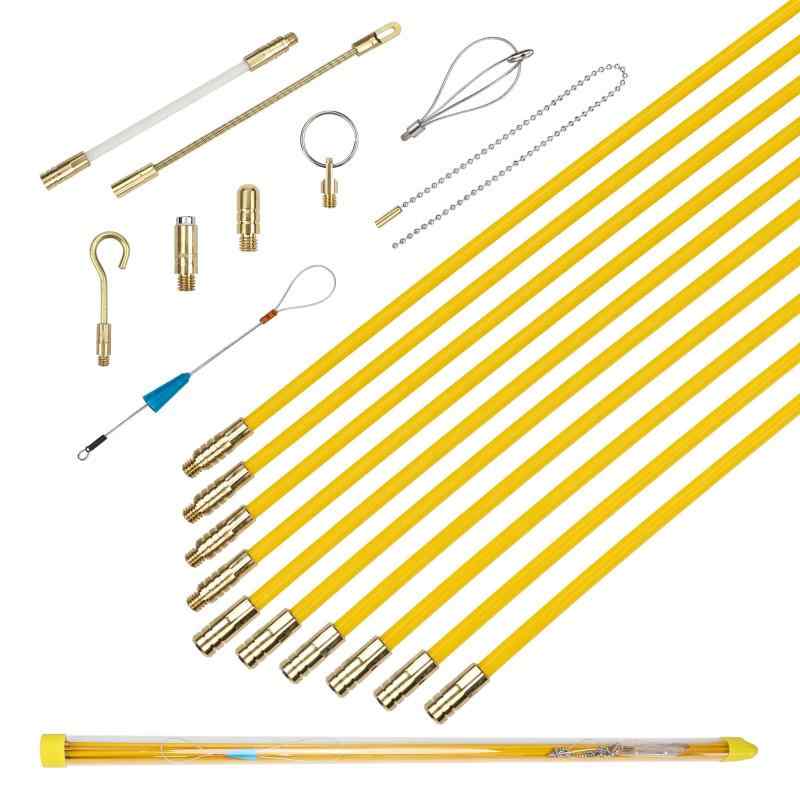 通線ロッド 通線ワイヤー φ4mm ケーブル索引具 先端金具9種類付き 収納ケース付き隙間配線に最適】グラスファイバー製のロッドです。使用場所によって、曲げられるが、水平方向への保持力もかなりあります。容易に狭い天井や壁のような所で配線できます。<br>【機能アップできる9種類の先端金具】先端金具は9種類もあります。 ロッドの進行方向の障害物を乗り越えることができます。配線リード金具、ボールチェーン、フック、リン、マグネット付き金具、穴付き配線リード金具、サイリューム付き金具、結線金具、先端誘導金具。<br>