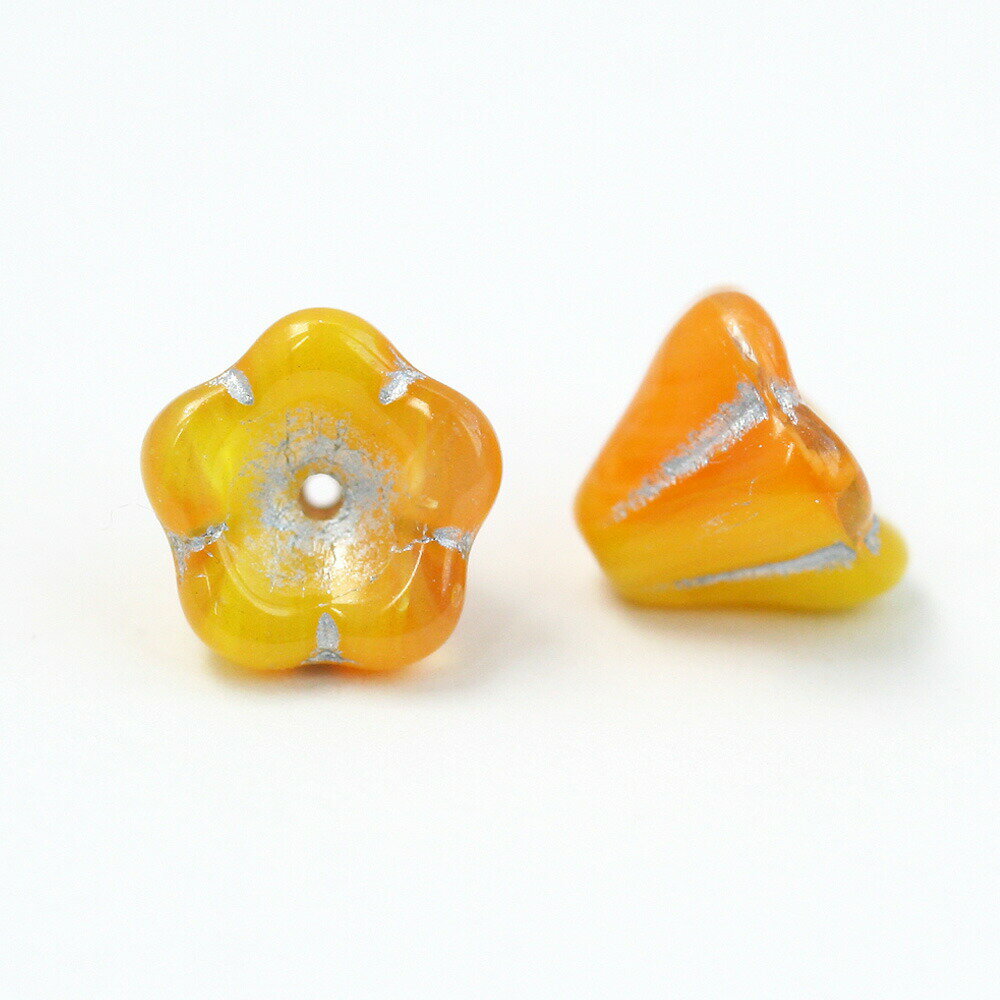 チェコビーズ ベルフラワー マーブルイエローシルバーライン