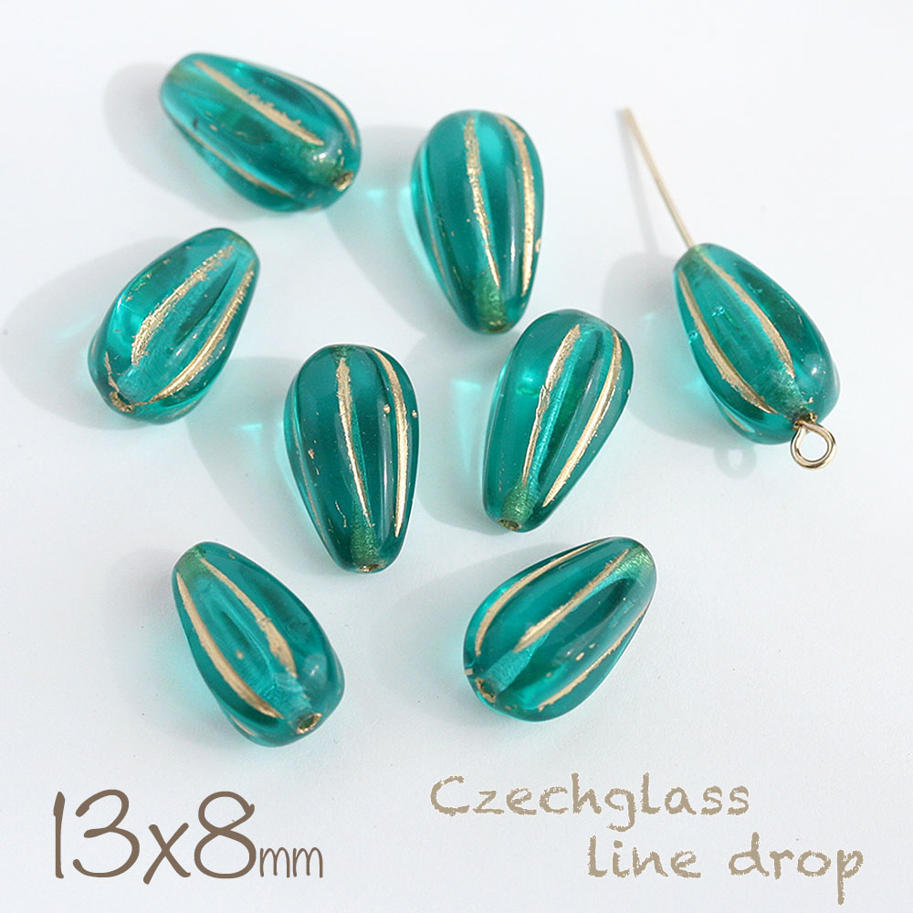 チェコビーズ ラインドロップ 13×8mm アンティークブルーゴールドライン 8個 アクセサリーパーツ チェコガラス ハンドメイド 材料 パーツ ピアス イヤリング 青 メロンドロップ