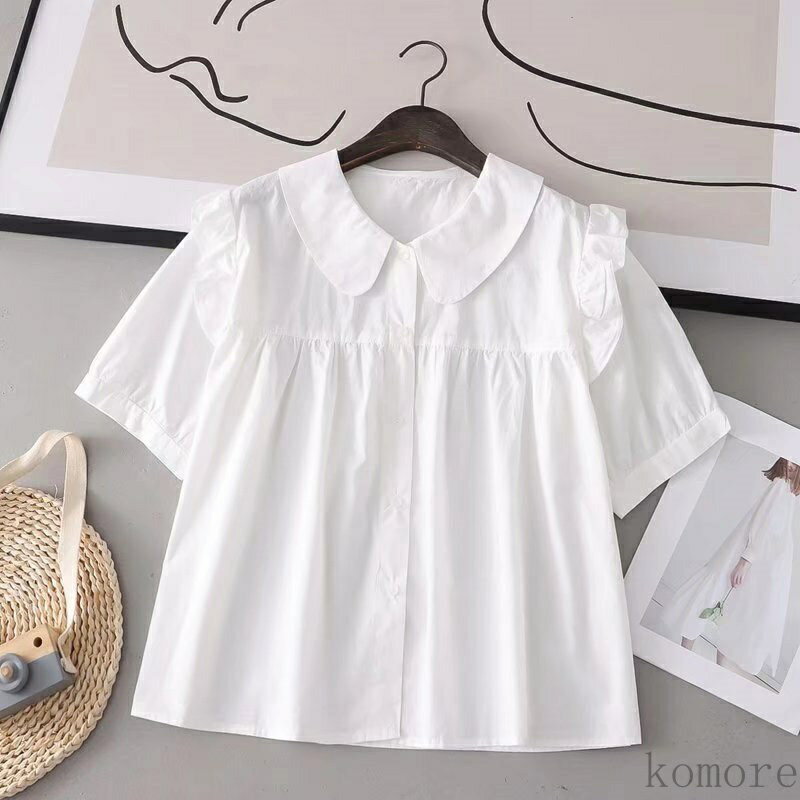【送料無料】ブラウス半袖 トップス シャツブラウス 綿 半袖シャツ 襟付き 綿シャツ 半袖ブラウス おしゃれ 前開き チビ襟 フリル フレア 白シャツ 通勤 通学 ブラウス ギャ