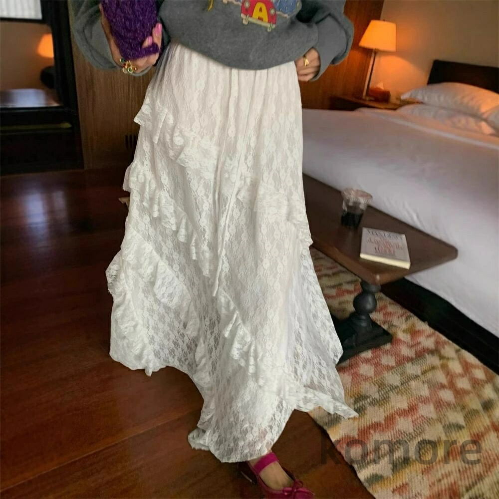 【送料無料】スカート レディース 膝下 ひざ下 ミモレ丈スカートレース フリル 春 夏 フレアスカート ロングスカート 夏