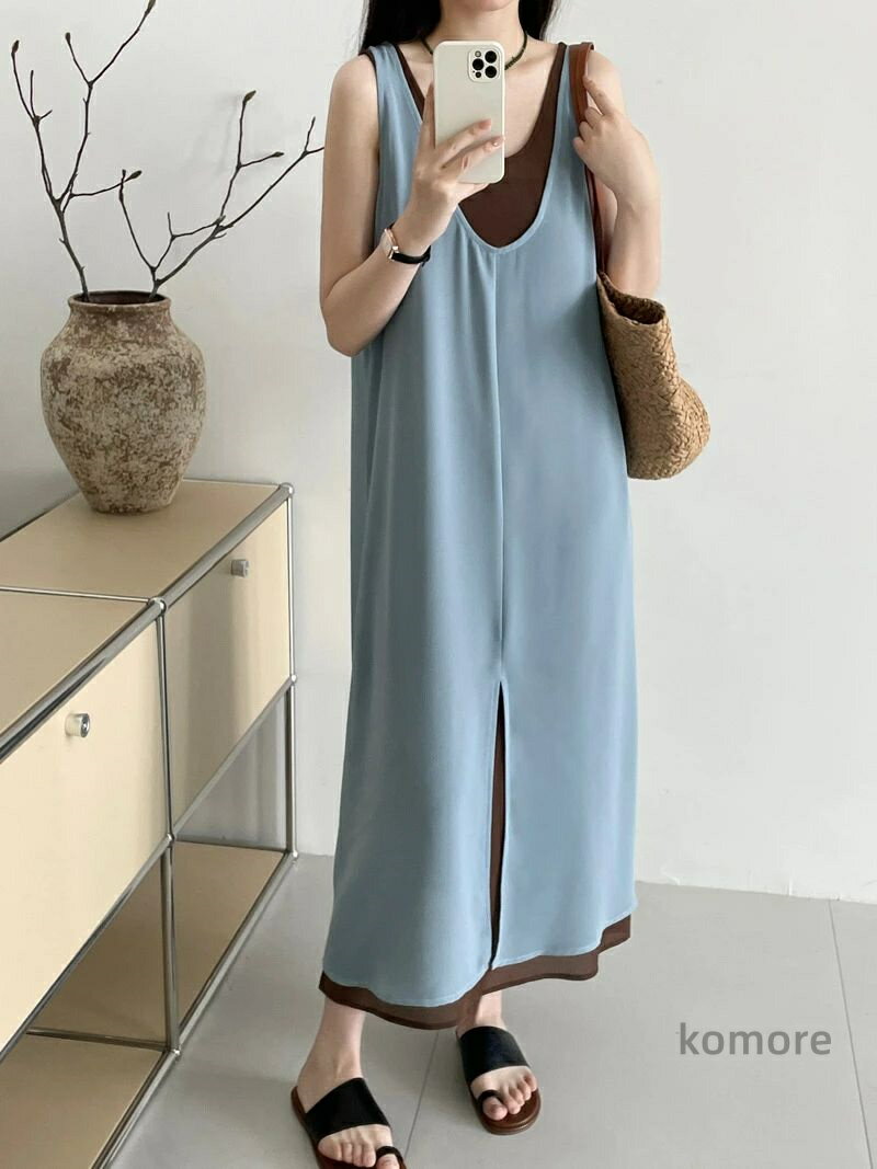 【送料無料】Vネック ワンピース レディース ワンピース 袖無し ノースリーブ 夏服 韓国 通気性 薄手 無地 ゆったり レイヤード 重ね着