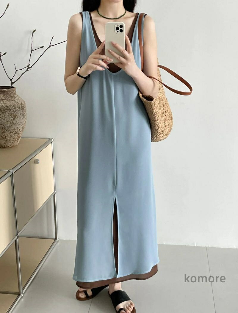【送料無料】Vネック ワンピース レディース ワンピース 袖無し ノースリーブ 夏服 韓国 通気性 薄手 無地 ゆったり レイヤード 重ね着