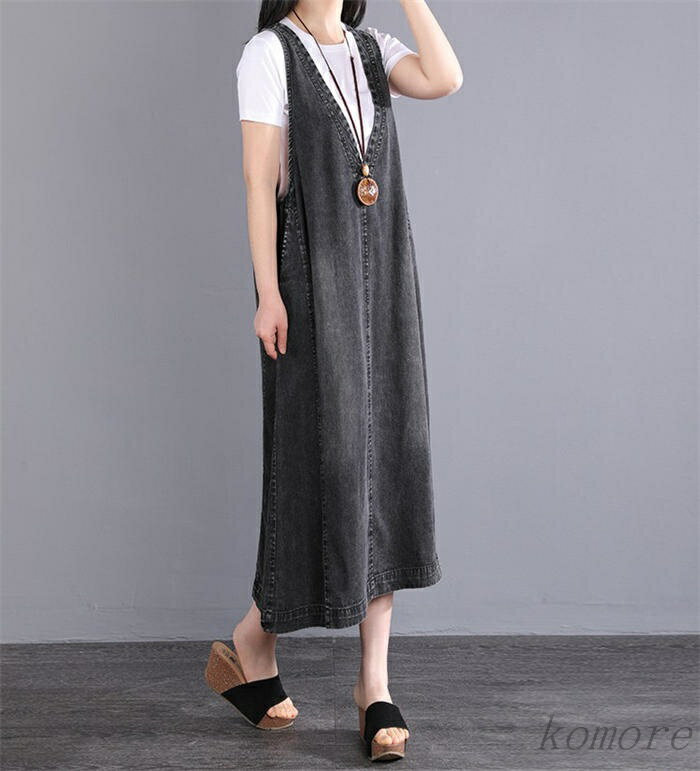 【送料無料】ジャンパースカート フレア 深vネック レディース 春秋 ノースリーブワンピース aライン ロング ワンピース