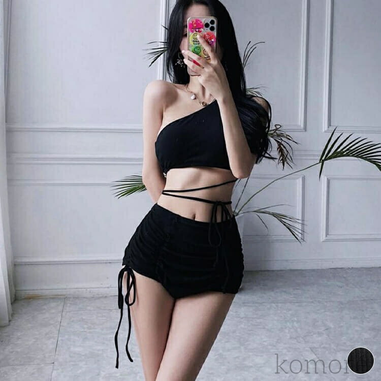 【送料無料】ブラック セクシー ハイウエスト 腰ひも 韓国 ワンショルダー 水着 メール便 おしゃれ ビ..