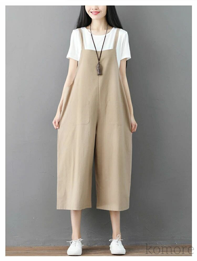 【送料無料】オールインワン サロペット パンツ レディース 春 夏 ノースリーブ 7分丈 ポケット付き 重ね着 ボトムス 無地 レイヤード