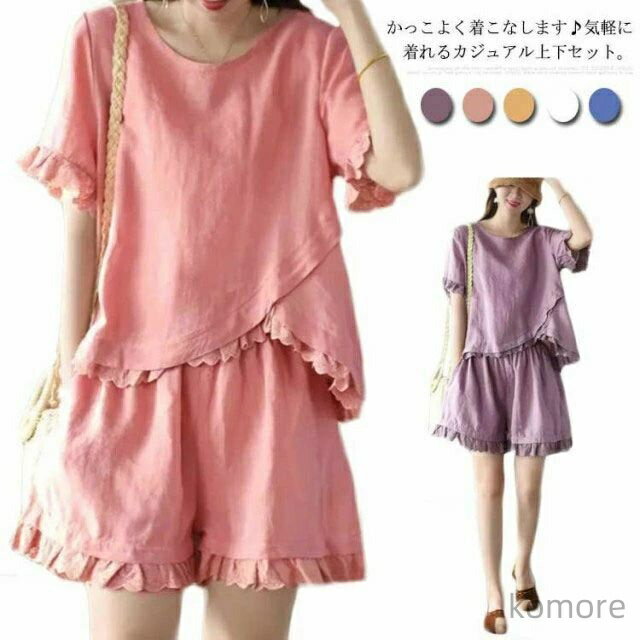 【送料無料】セットアップ 2点セット レディース 半袖ブラウス ショートパンツ 上下セット レース コットン ファッション カジュアル
