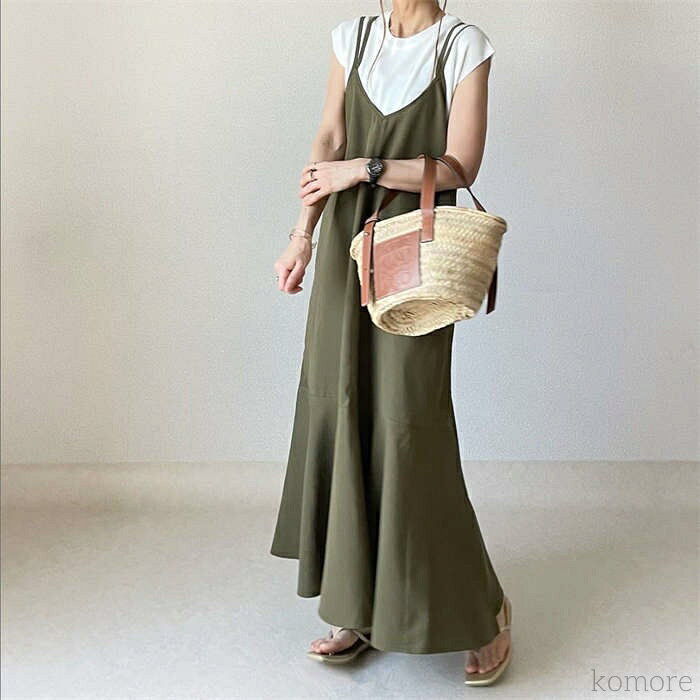 【送料無料】キャミワンピース ジャンスカ ワンピース オールインワン 春 夏 秋 レディース ノースリーブ ロング丈 ゆったり 体型カバー