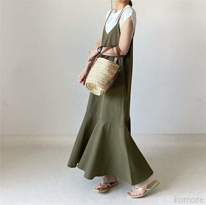 【送料無料】キャミワンピース ジャンスカ ワンピース オールインワン 春 夏 秋 レディース ノースリーブ ロング丈 ゆったり 体型カバー