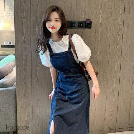 【送料無料】休日 デート お出かけ ママ会 30代 20代 10代 秋 夏 春 無地 デニム サイドスリット ロング オールインワン レディース