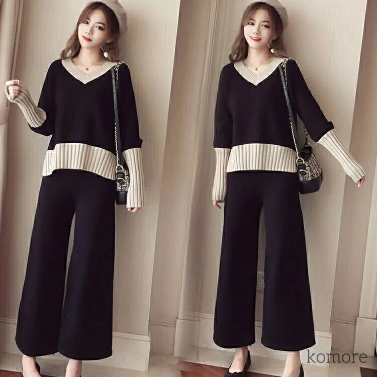 【送料無料】セットアップ レディース 秋冬 ゆったり トップス ニットセット ニット ズボン 切り替え カジュアルウエア きれいめ 韓国風 オシャレ