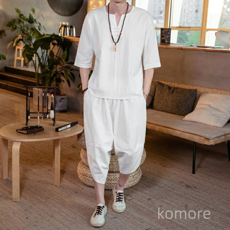 【送料無料】マ セットアップ 綿 麻 涼しい 男性 半袖 7分丈 サルエルパンツ 部屋着 ルームウェア 寝巻き 入院 夏 プレゼント 父の日 ギフト