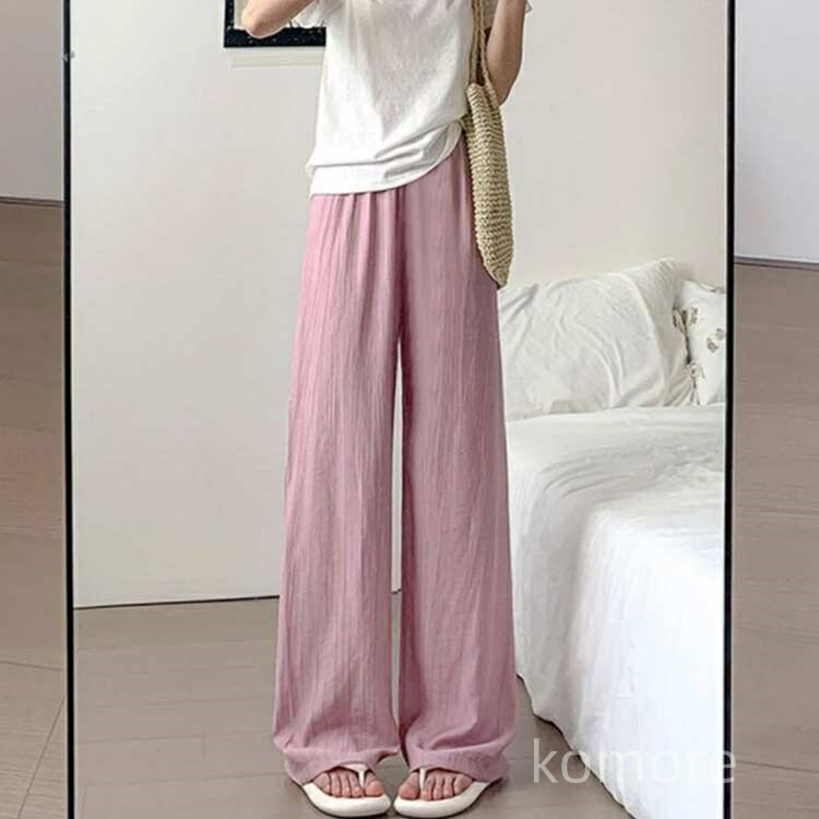 【送料無料】冷感 夏 春夏 無地 妊婦 リブ リラックスパンツ 脚長 接触冷感 産前 ウエスト調節 フレアパンツ ワイドパンツ ゆったりパンツ