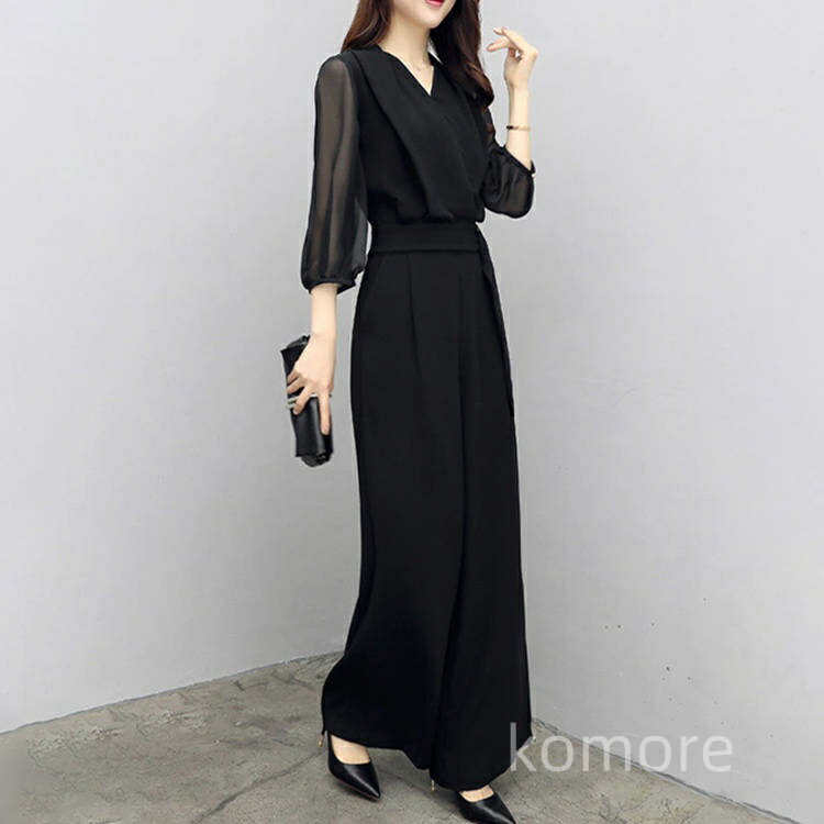 【送料無料】カバー 大きいサイズ ボリューム袖 ウエスト紐 オールインワン 披露宴 二次会 20代 30代 40代 結婚式 服 シースルー レディース