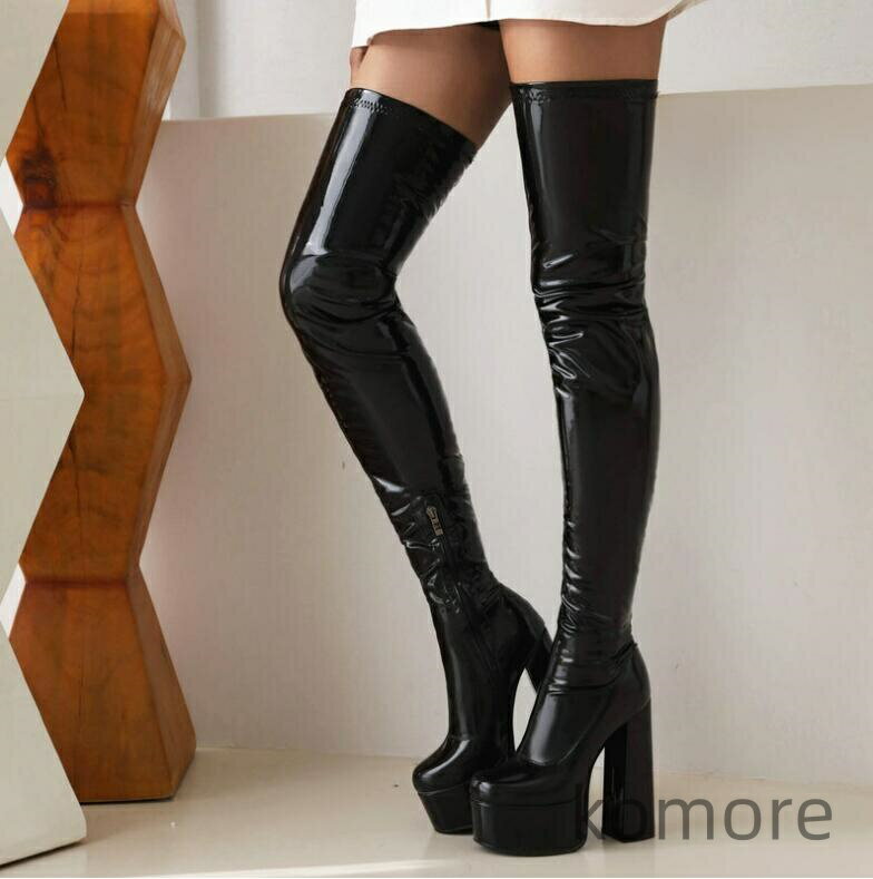 【送料無料】 14センチ ハイヒール 光沢 ロング丈 秋冬 春秋 サイハイブーツ 大きいサイズ 26.5cmまで 小さいサイズ ピンヒール スーパーロングブーツ ダンス 舞台