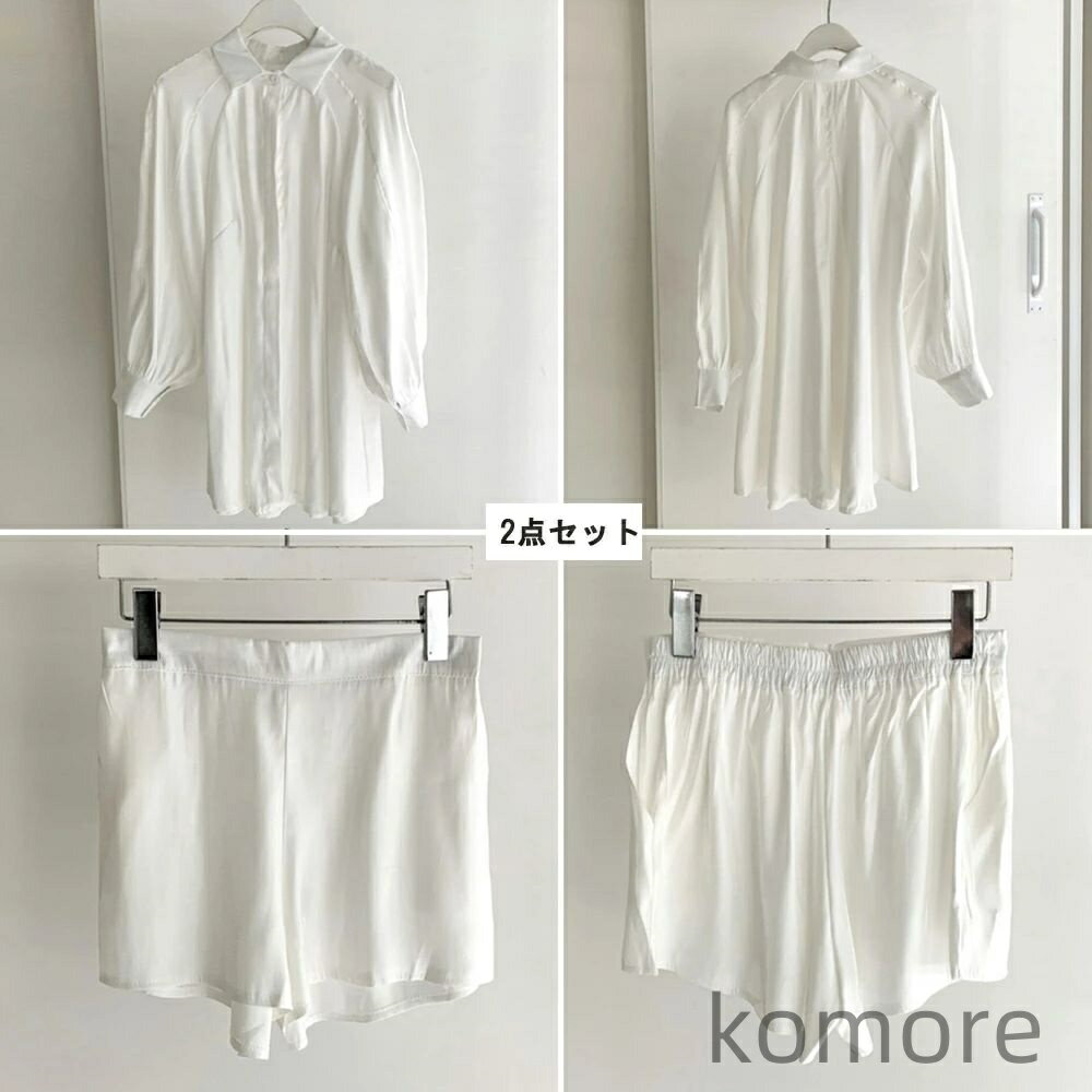 【送料無料】ップ レディース 春夏 シャツ 韓国 長袖シャツブラウス ショートパンツ 2点セット きれいめ ボリューム袖 カーディガン パフスリーブ トップス