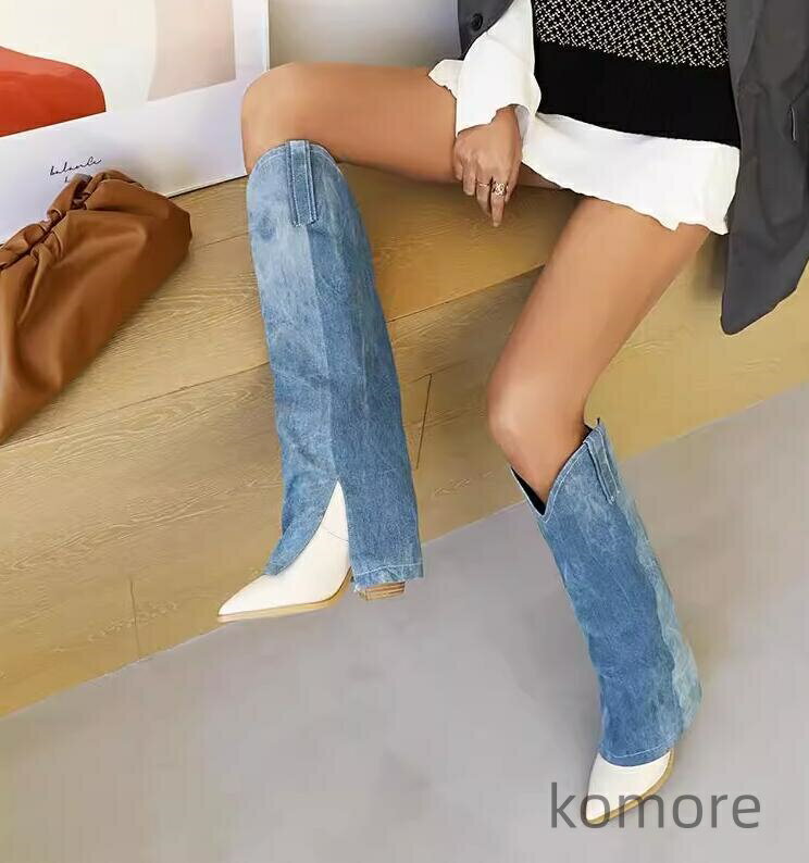 【送料無料】10cm 太ヒール 秋冬 ロング丈 デニム素材 長靴 26.5cm ポインテッドトゥ 小さいサイズ 大きいサイズ ハイヒールブーツ ジョッキーブーツ...