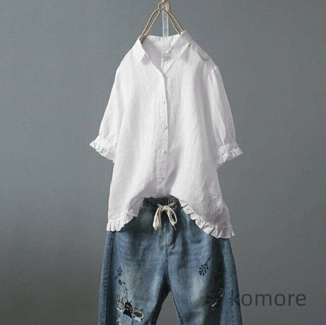 【送料無料】綿麻シャツ リネンブラウス ボタン付き 詰襟 立ち襟 チュニック 体型カバー 大きいサイズ ..