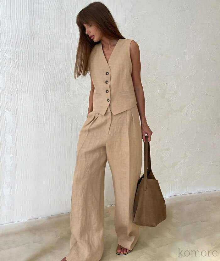 【送料無料】ベスト ワイドパンツ ハイウエスト カジュアル 大人可愛い お出かけ 旅行 デート 女子会 人気 韓国ファッション 春夏 レディース