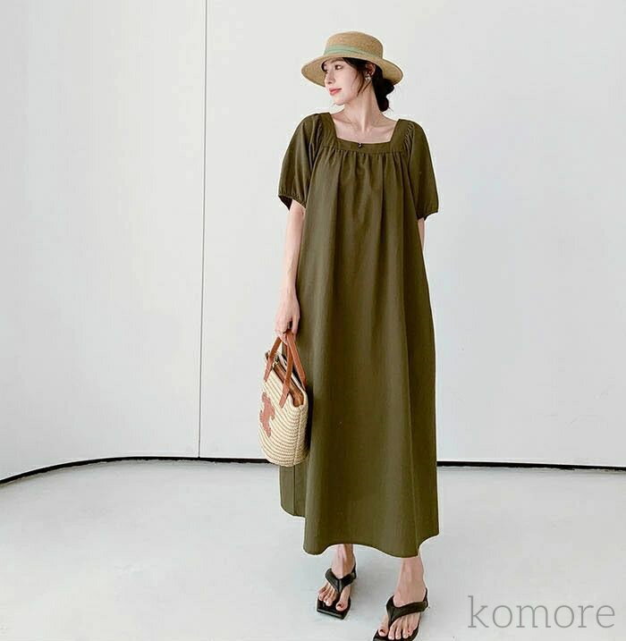 【送料無料】無地 半袖 きれいめ ゆったり Uネック レディース ロングワンピース シンプル 体型カバー ゆるっと マキシ丈 ロング丈 春 夏 カ