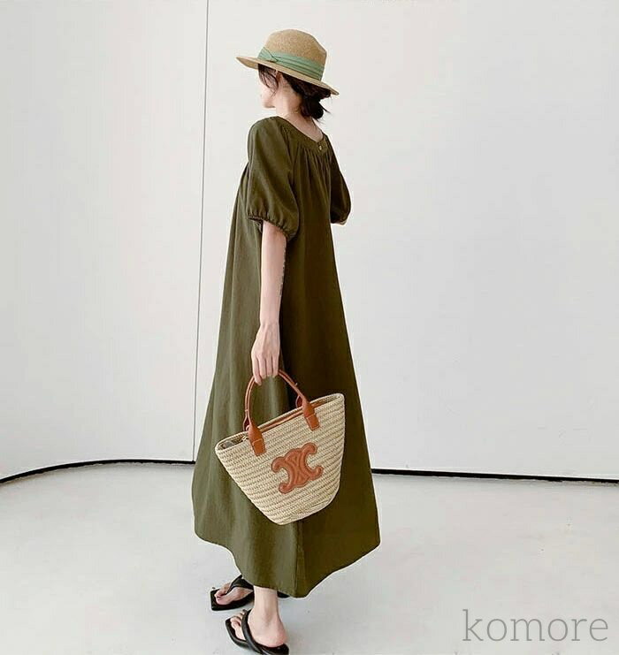 【送料無料】無地 半袖 きれいめ ゆったり Uネック レディース ロングワンピース シンプル 体型カバー ゆるっと マキシ丈 ロング丈 春 夏 カ