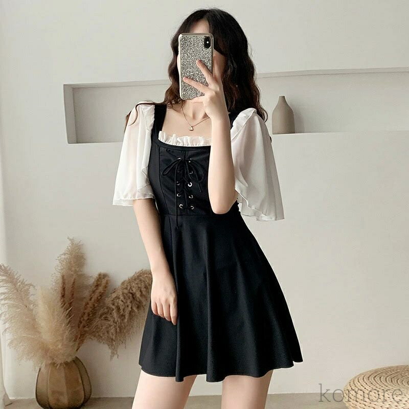 【送料無料】レディース ワンピース 大きいサイズ ブラック オールインワン 体型カバー フレアスカート ゆったり 大人女性 みずぎ かわいい