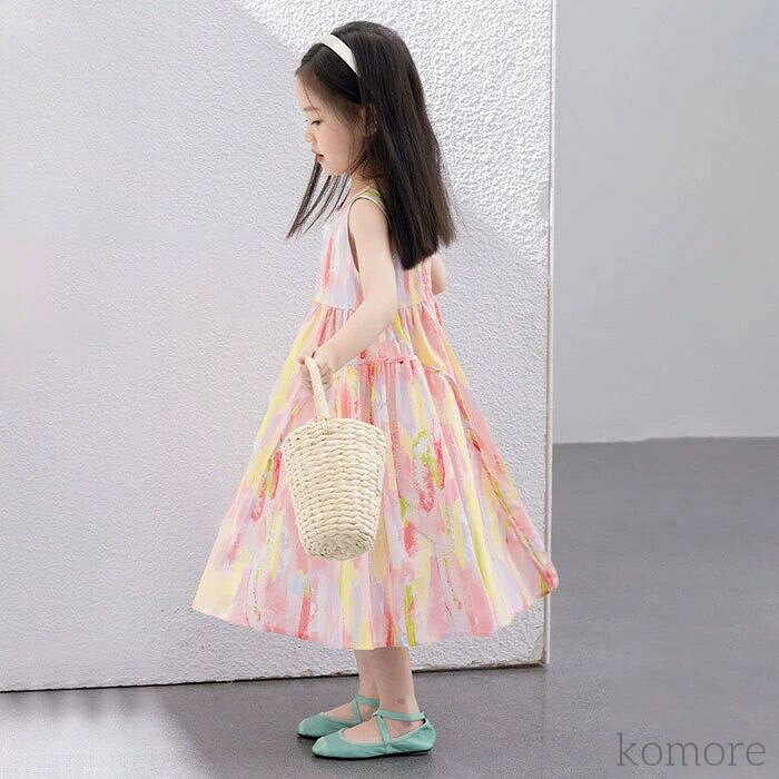 【送料無料】キッズワンピース 可愛い 夏ワンピース 袖なし ファッション Aライン おしゃれ 薄手体型カバー ハワイ沖縄 旅行用 きれ