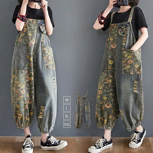 【送料無料】デニム レディース オールインワン ワイドパンツ 花柄 春 秋 デニムサロペット パンツ ロング 大人 可愛い 大きいサイズ ゆったり レトロ ボトムス カジュアル 【送料無料】デニム レディース オールインワン ワイドパンツ 花柄 春 秋 デニムサロペット パンツ ロング 大人 可愛い 大きいサイズ ゆったり レトロ ボトムス カジュアル