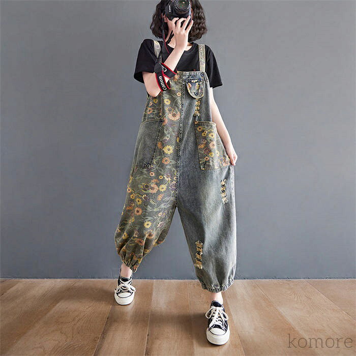 【送料無料】デニム レディース オールインワン ワイドパンツ 花柄 春 秋 デニムサロペット パンツ ロング 大人 可愛い 大きいサイズ ゆったり レトロ ボトムス カジュアル