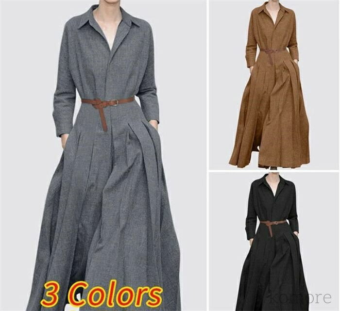 【送料無料】プリーツ プリーツワンピ ワンピース レディース 大きいサイズ ゆったり 30代 40代 Vネック 長袖 無地 ゆったり 体型カバー ビッグシルエット ロング丈