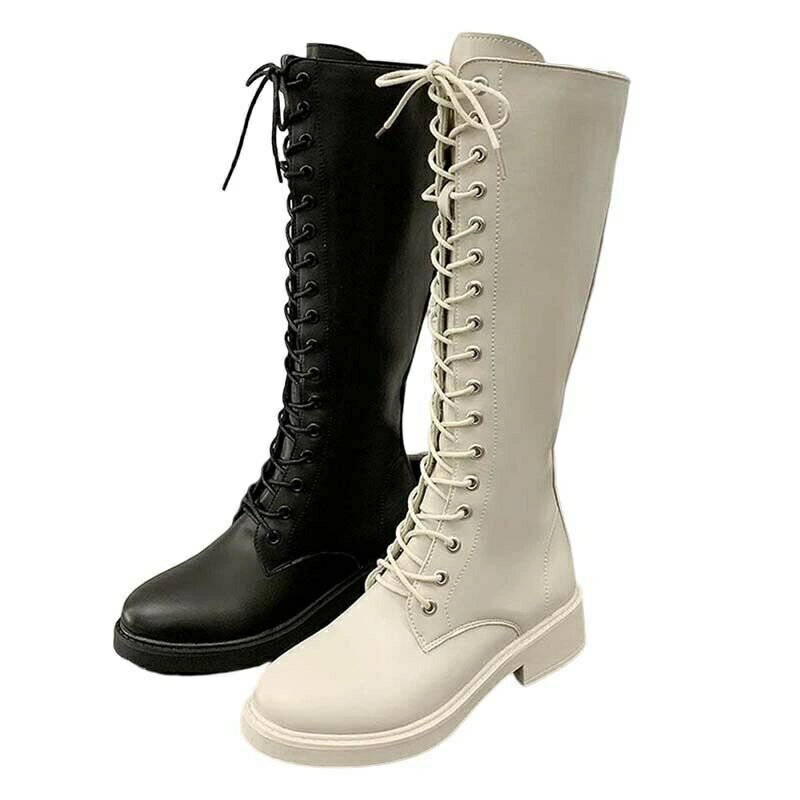 【送料無料】カジュアル 滑りにくい 大きいサイズ 長靴 長ブーツ 編み上げブーツ レースアップ 太ヒール 美脚 メンズ レディース