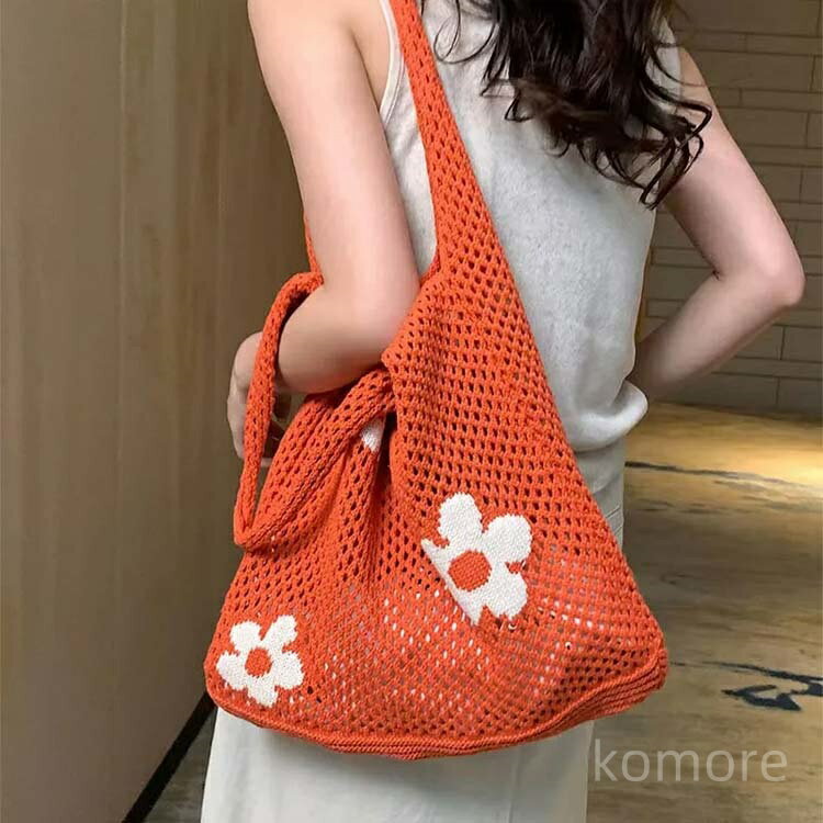 【送料無料】カジュアル トートバッグ 韓国ファッション クロシェ編み 大きめ レディース 可愛い 花柄 メッシュ 通学 花柄 カバン 大容量