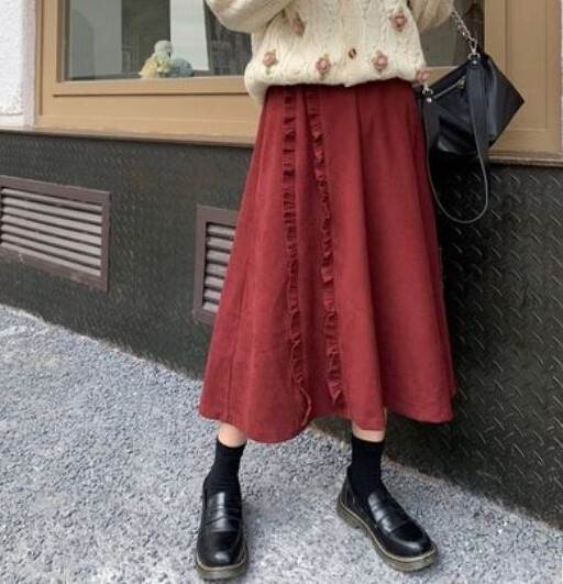 乐天商城 - 秋冬 無地 レディース フレアスカート 秋カラー 切り替えデザイン かわ ミモレ丈 2色 ブラック かわいい スカート ワインレッド