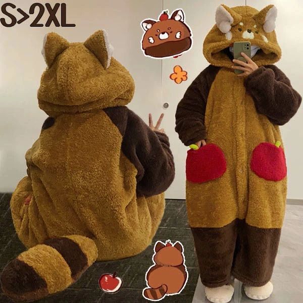 もこもこ パジャマ 冬 長袖 ナイトガウン 着る毛布 レッサーパンダ 大きいサイズ 前開き フード付き 寝巻き 部屋着 暖かい あっ