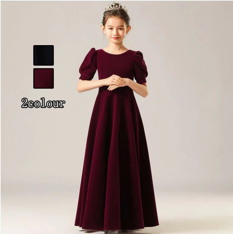 100~160cm ベルベット 紺/ワイン赤 秋春冬 子どもドレス ジュニア 入学式 三五七 卒業式 演出 森ガール プリンセス ステージ衣(4.0)