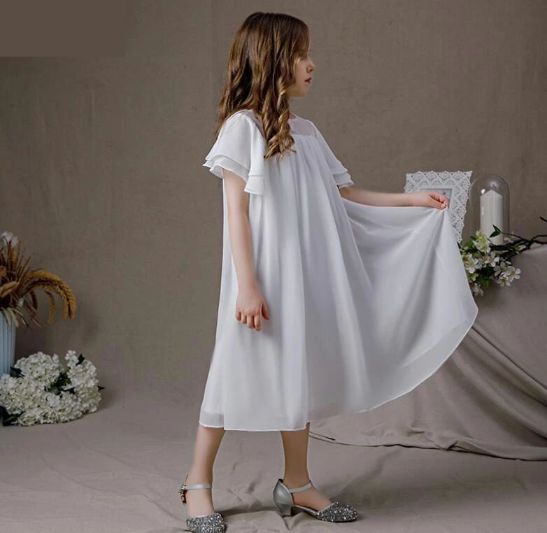 110~160cm 品質良い シフォン ホワイト dress 秋春夏 子どもドレス ジュニア 森ガール スカート プリンセス ステージ衣装 イベ 2