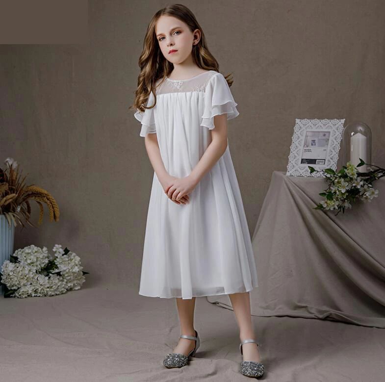 110~160cm 品質良い シフォン ホワイト dress 秋春夏 子どもドレス ジュニア 森ガール スカート プリンセス ステージ衣装 イベ 3