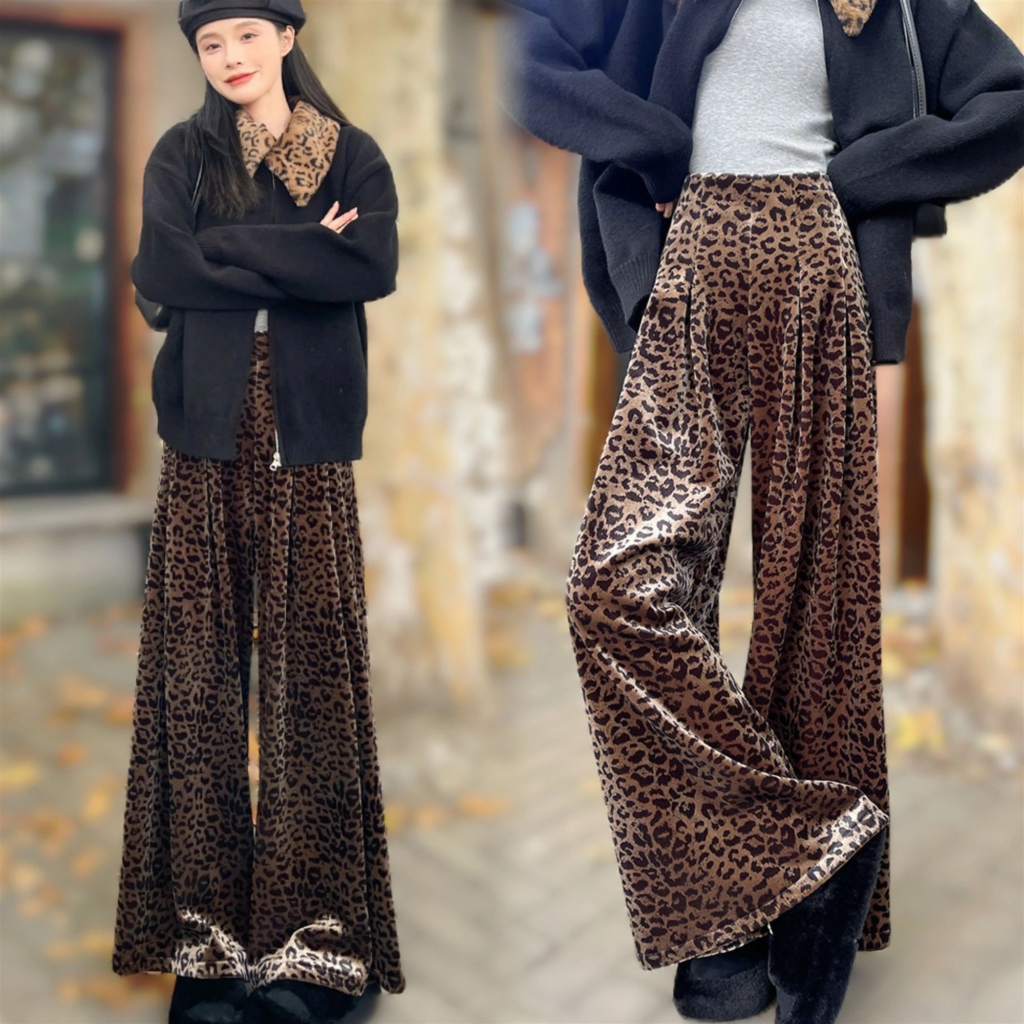 春秋冬 ボトムス 裏起毛 暖かい ロングパンツ ガウチョ 大きいサイズ レディース 長ズボン ヒョウ柄 ンツ