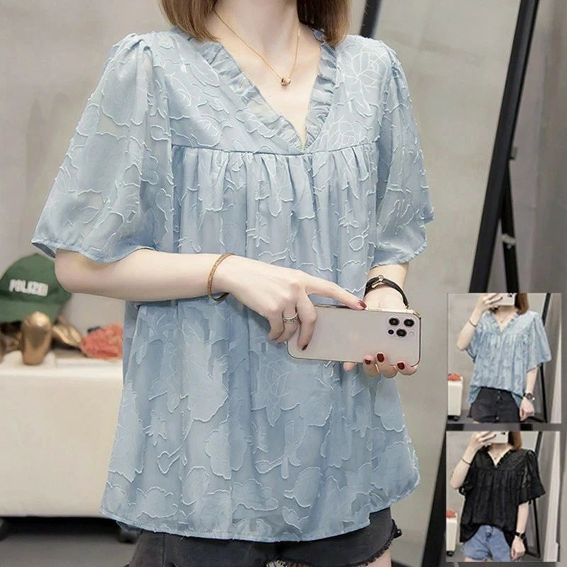 レディース 大きいサイズ　体型カバー ブラウス シフォン フレアー シャツ トップス 春 春物 春服 夏 夏物 夏服 ゆったり 半袖