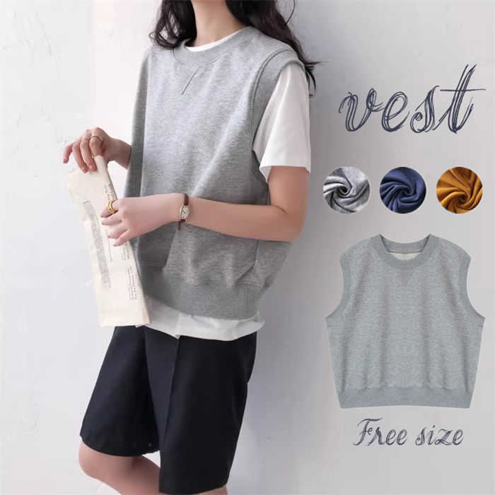 シンプル スウェット クールネ レディース トップス 春 秋 ベスト カットソーベスト スウェットベスト ジレ 夏 サマー 冬 ベスト
