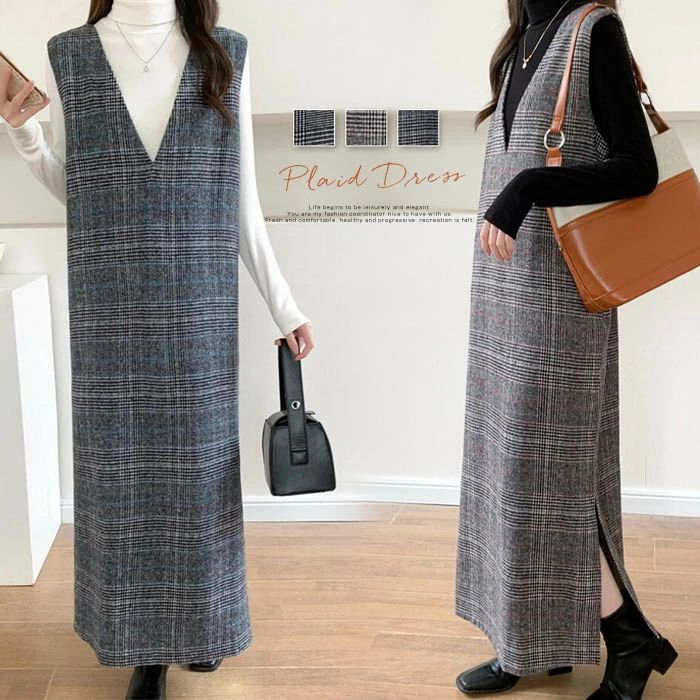 冬 大き 秋冬 ロング ワンピ 上品 ジャンパースカート チェック柄 大人 ジャンスカ 裏地 秋 Vネック ファスナー付き ミディアム