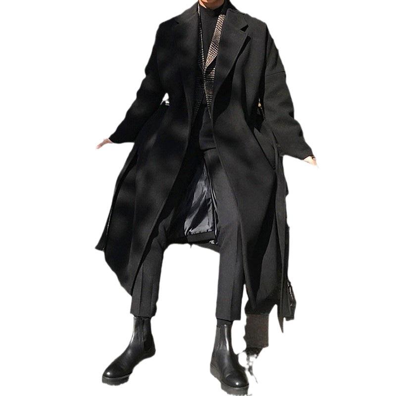 ポリエステル 男性用 コート ブラック 無地 韓国風 メンズ ベルト付き ウール 冬 ロング丈 ゆったり 厚手