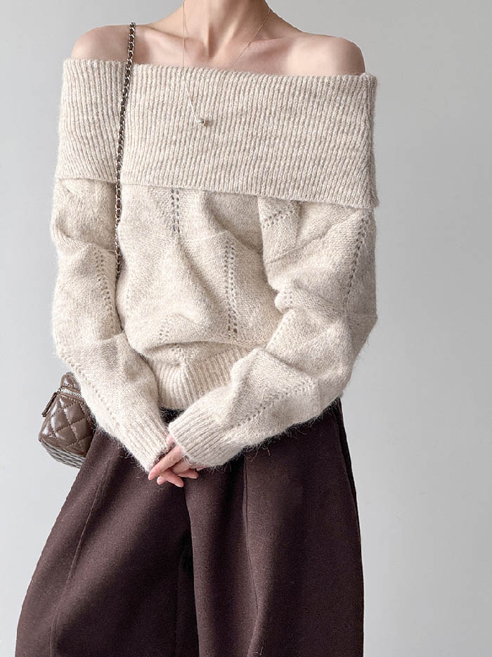 柔らかい 秋 オープ ニット レディース カジュアル セータートップス オフショルダー トレンド感 フェミニン シンプル こなれ感