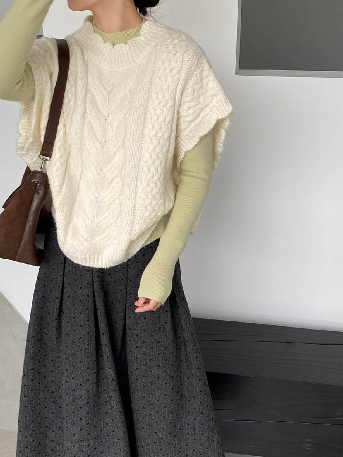 春 体 ハイネック ベスト ケーブル編み ニット 上品 ノースリーブ ベスト 着回し 重ね着 柔らかい 重ね着 秋 フレンチスリーブ