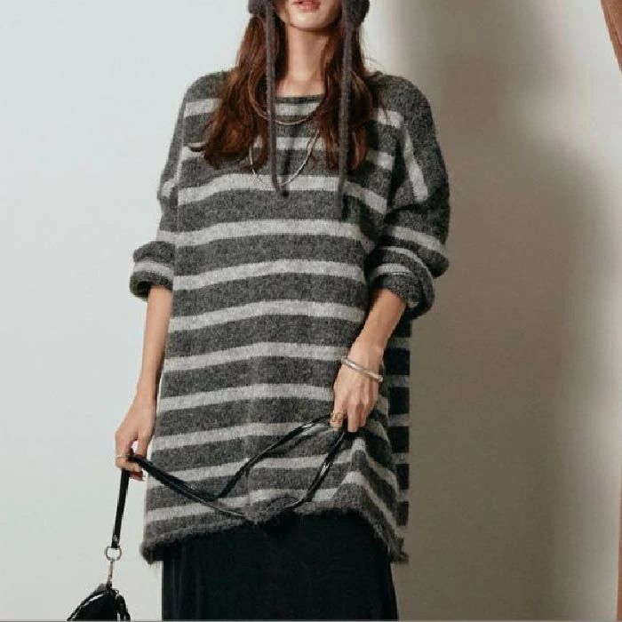 通勤 ニット カジュアル ボーダー柄 秋 ニット 長袖 オーバーサイズ 体型カバー 上品 冬 着心地 柔らかい チュニック 女性らしい