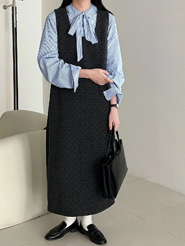 レディース 大きいサイズ カジュアル ウール混 ドット柄 ジャンパースカート 上品 可愛い 重ね着 ロング丈 ジャンパースカート