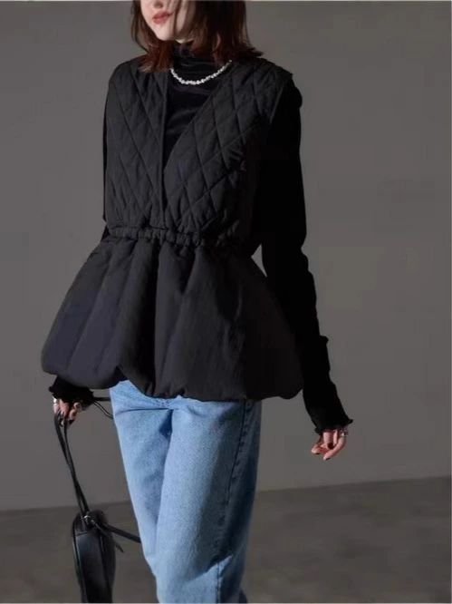 柔らかい 着痩せ 冬 通勤 レディース カジュアル 重ね着 トレンド タンクトップ Vネック ゆったり 中綿 通学 レイヤード 深Vネッ