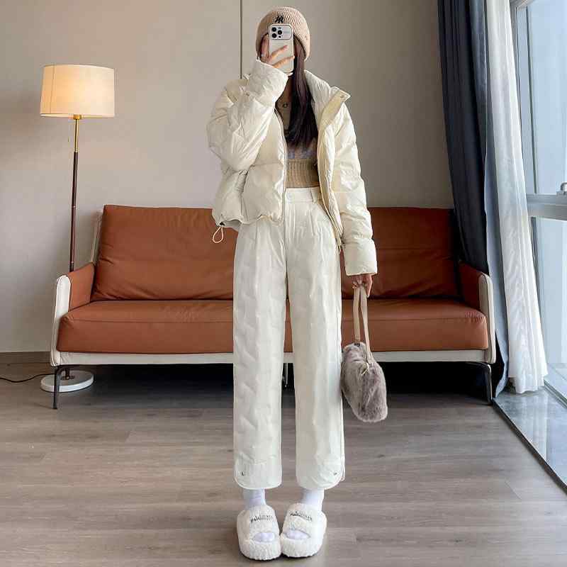 厚手ブラック白高腰ダウンパンツ防寒...