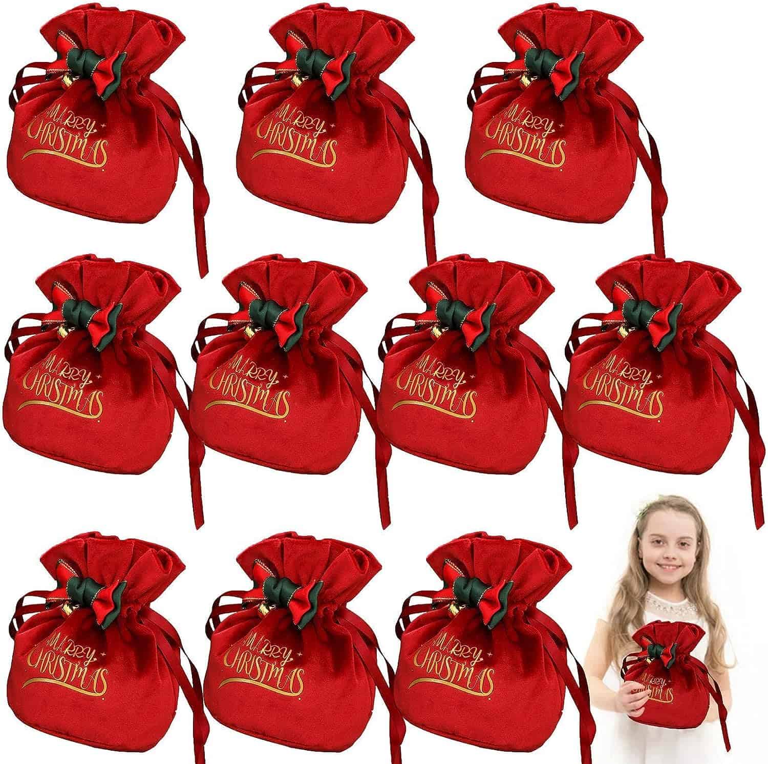 キャンディバッグ ウェディングベルベット 5倍UP 記念品ポーチ クリスマス リボン付き Goody Bag !】10個セット 巾着バッグ メリ(3)